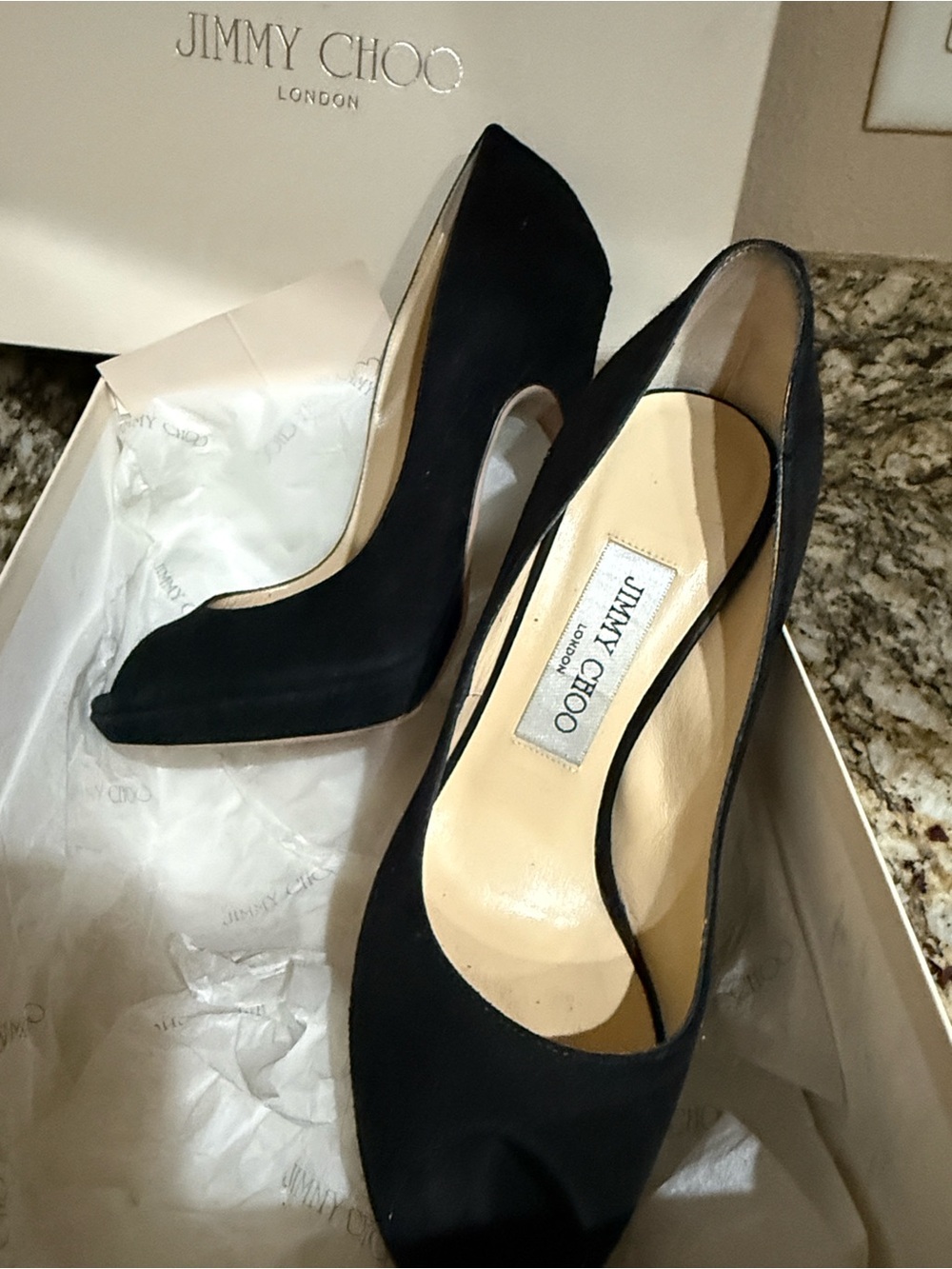 Jimmy Choo Black Suede Peep-Toe High Heels